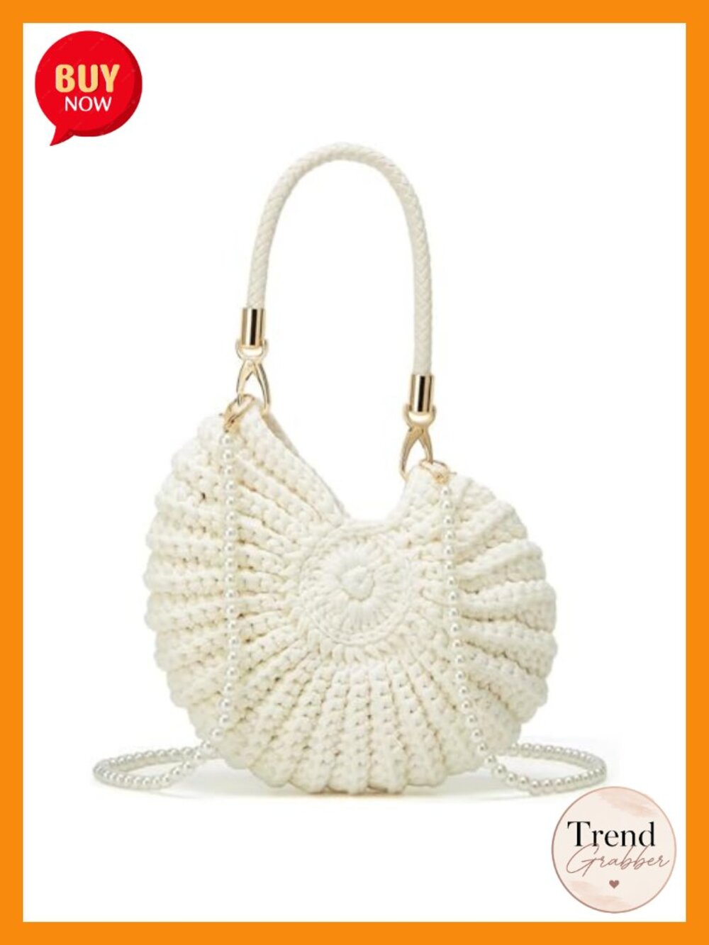 Handwoven Crochet Seashell Crossbody Evening Bag Pearl Beaded Strap